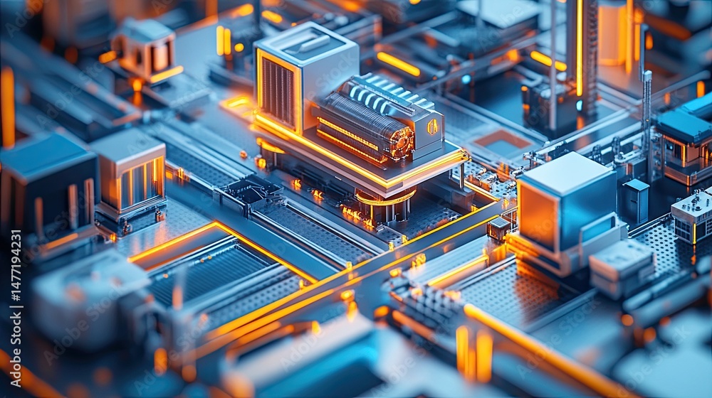 Poster detailed view of a futuristic circuit board with glowing orange lines and metallic components