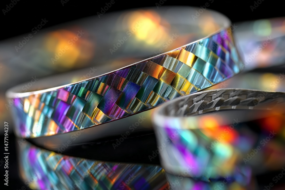 Poster colorful woven ribbon displayed on a reflective surface in a creative composition