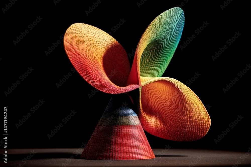 Aufkleber colorful abstract sculpture made from woven materials with a unique design displayed against a dark 