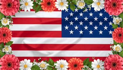 Obraz premium Firefly Graphic Artwork: US Flag with Floral Border