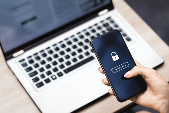 Password to protect data in phone. Cyber security against fraud and scam. Privacy lock online. Smartphone and laptop computer. Strong safety and safe payment. Forgot bank account information.