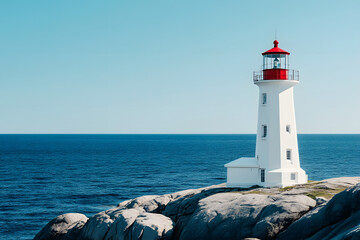 Intriguing lighthouse beams vivid stories and fairytales across a vast ocean blue background