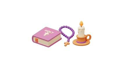 Religious items including bible, rosary, and candle for prayer and faith based worship services on transparent background