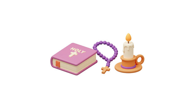 Religious items including bible, rosary, and candle for prayer and faith based worship services on transparent background