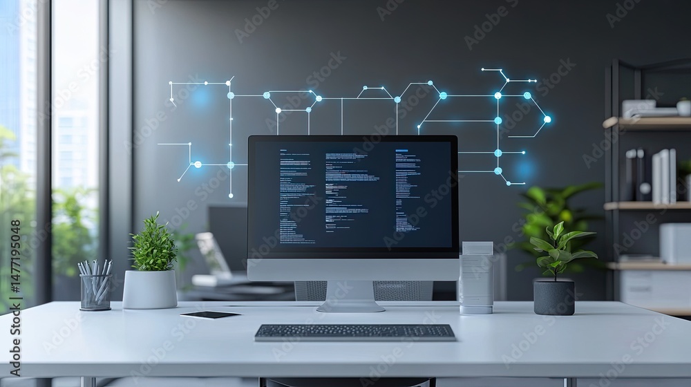 Poster computer screen displaying code with digital network on a clean white desk in a modern office