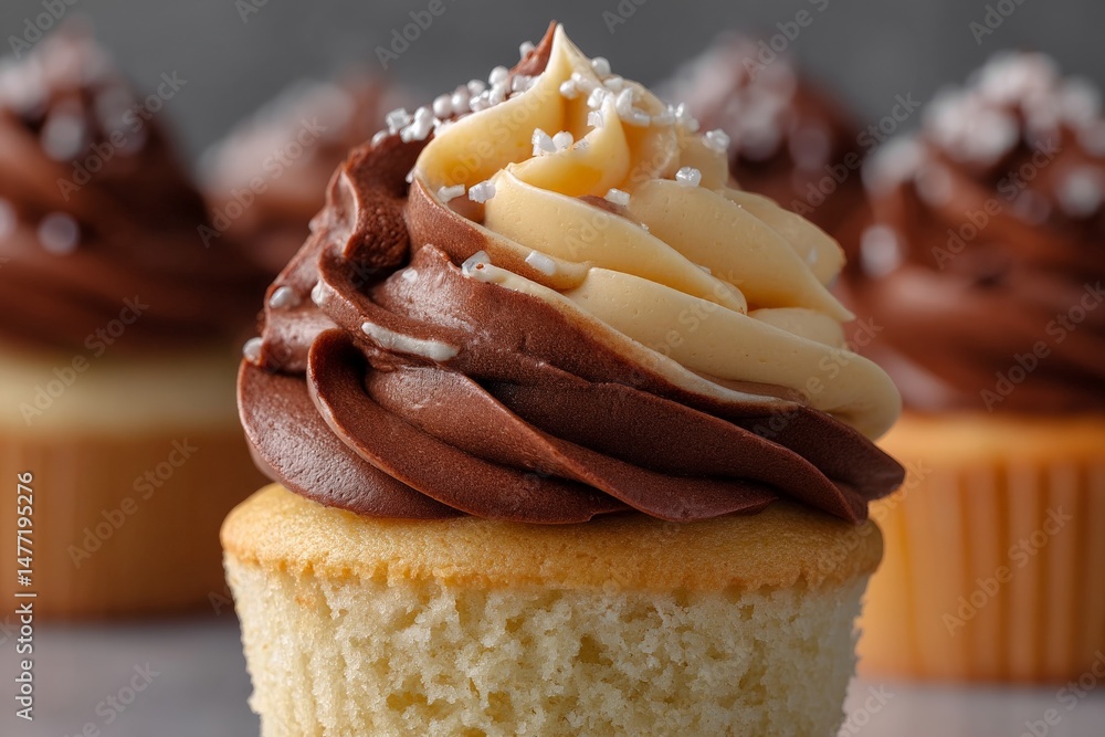 Aufkleber Delicious chocolate and vanilla frosted cupcake with decorative sprinkles ready for celebration treat