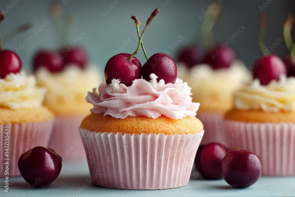 Poster delicious cupcakes topped with cherries and pink frosting displayed on a table