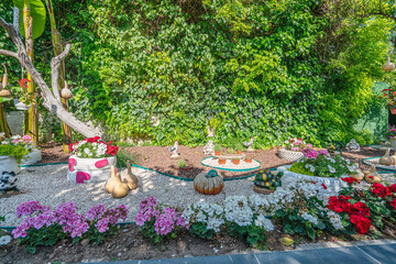 beautiful park and garden decoration with dried water pumpkins 