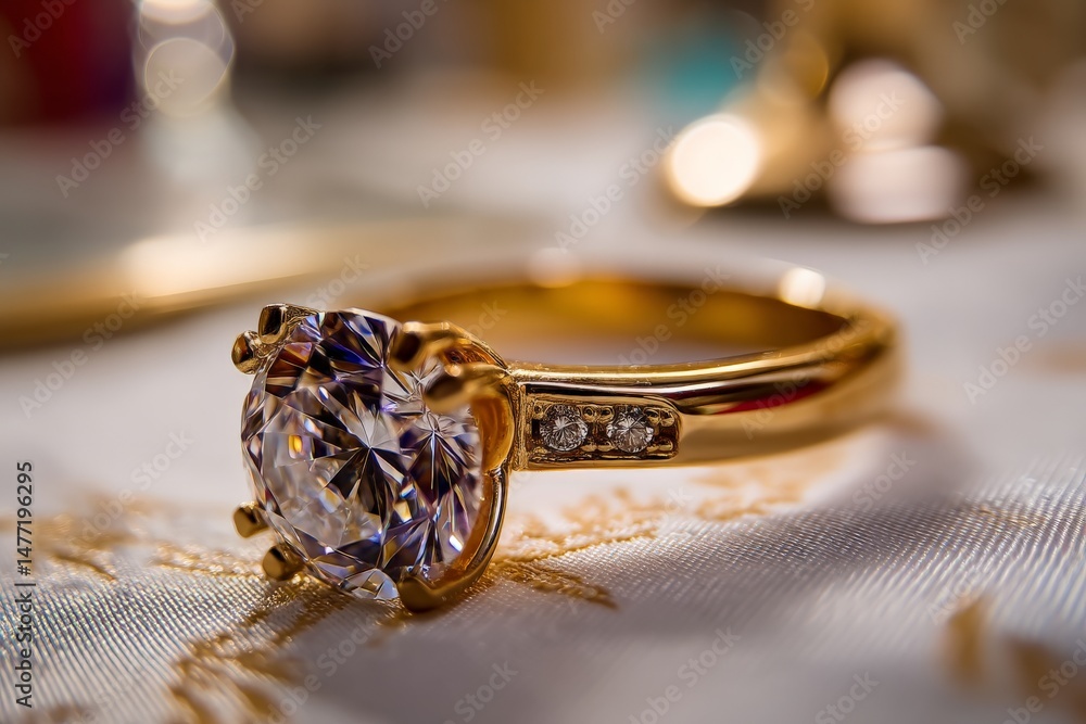 Aufkleber elegant gold ring with a large diamond and small accent stones displayed on a textured surface