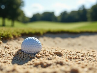 A white golf ball rests in a sandy bunker on a sunny golf course, with green grass and trees blurred in the background.
