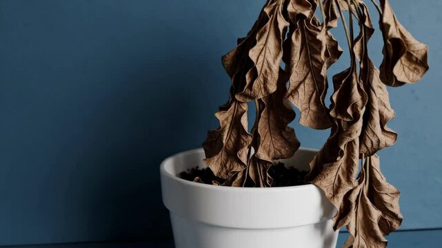 Timelapse of wilting plant in white pot highlighting decay and drought effects