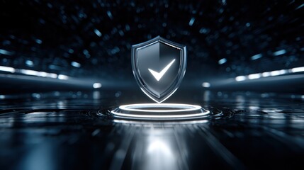A shield with a checkmark sits on a platform in a futuristic setting.