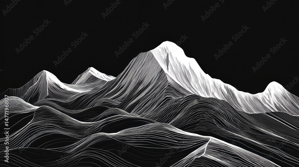 Poster abstract monochrome mountain range illustration with flowing lines and curves.