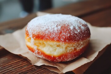 Freshly made powdered sugar donut sitting on a paper napkin at a local bakery during the morning rush