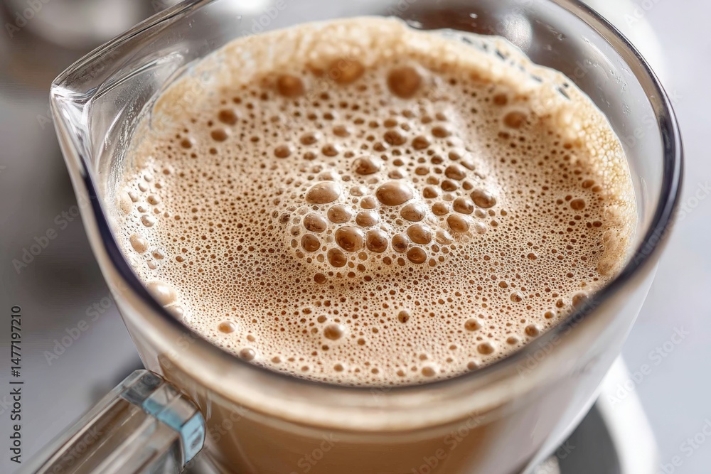 Poster rich and frothy coffee preparation captured in a clear glass container during morning routine at hom