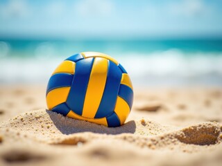A yellow and blue volleyball rests on sandy beach with the ocean in the background.