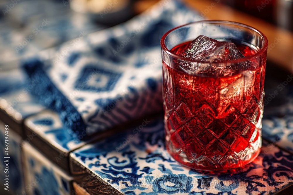 Poster bright red cocktail with ice served on a patterned napkin in a cozy bar setting
