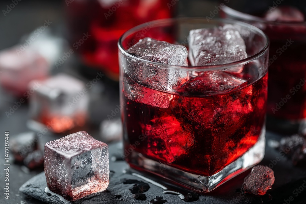 Poster refreshing red beverage served in a glass with ice cubes on a dark surface during a summer gathering