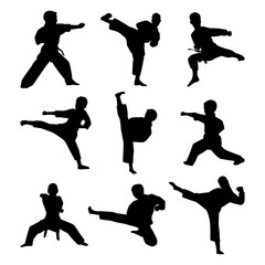 Hand drawn karate kid silhouette collection on white background