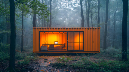 Tiny container cabin glowing in foggy forest at night
