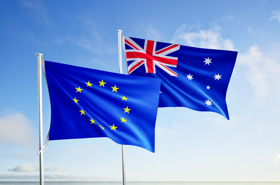 flags of european union and australia over blue sky background.