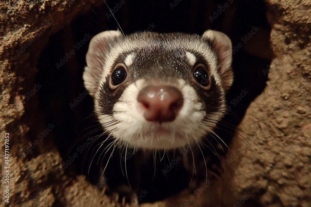 Poster curious ferret peeks out of a burrow in a natural habitat, showcasing its playful expression during 