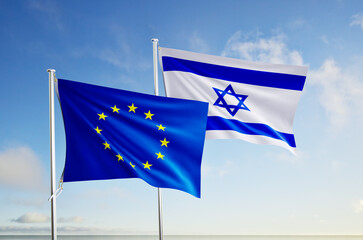 flags of european union and israel over blue sky background.