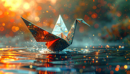 Futuristic Origami Swan on Water: Digital Art, Circuit Board Design