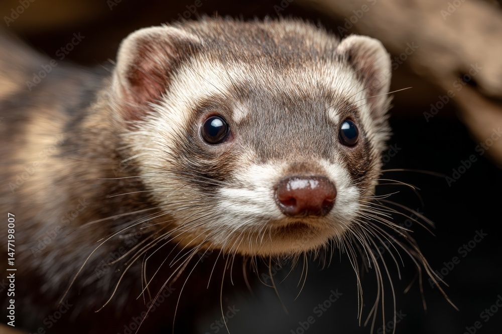 Poster close-up view of a curious ferret exploring its habitat in the afternoon light