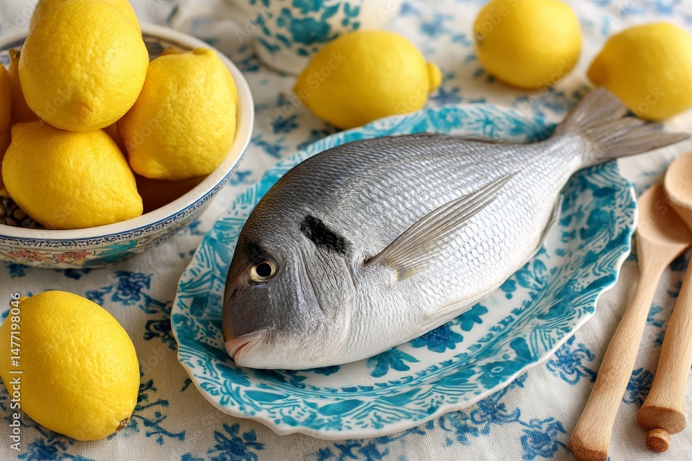 Aufkleber fresh fish and lemons arranged on a patterned tablecloth in a kitchen setting for a culinary prepara