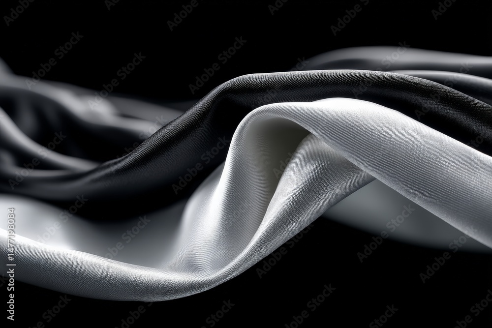 Poster soft satin fabric draped elegantly in shades of black and white illuminated against a dark backgroun