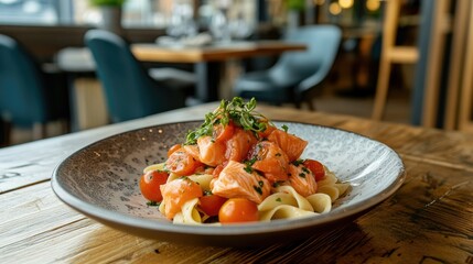 A beautifully plated dish featuring a thick salmon fillet, garnished with herbs, resting atop a bed of spaghetti.