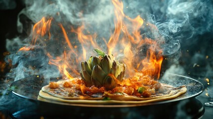 A beautifully plated dish featuring a dome of intricately shaped, toasted meringue or pastry, sitting atop a glossy, caramelized sauce.