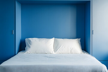 Space-efficient Murphy bed seamlessly folded into a stylish wall cabinet blue background