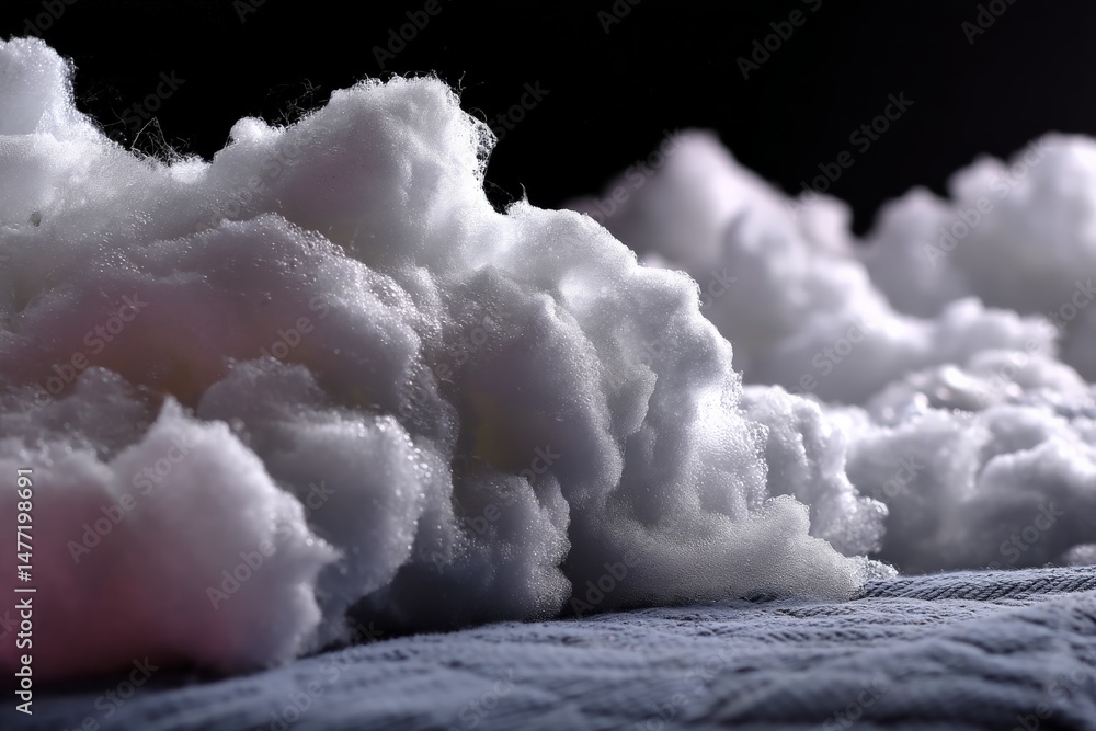 Poster soft white cotton-like material scattered across a textured surface in a well-lit indoor setting