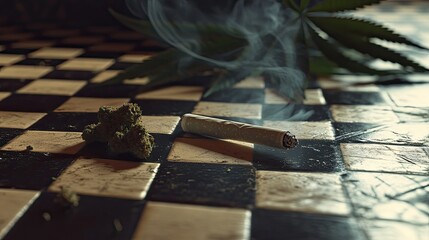 A close-up image of a chessboard surface scattered with cannabis buds and ground marijuana.