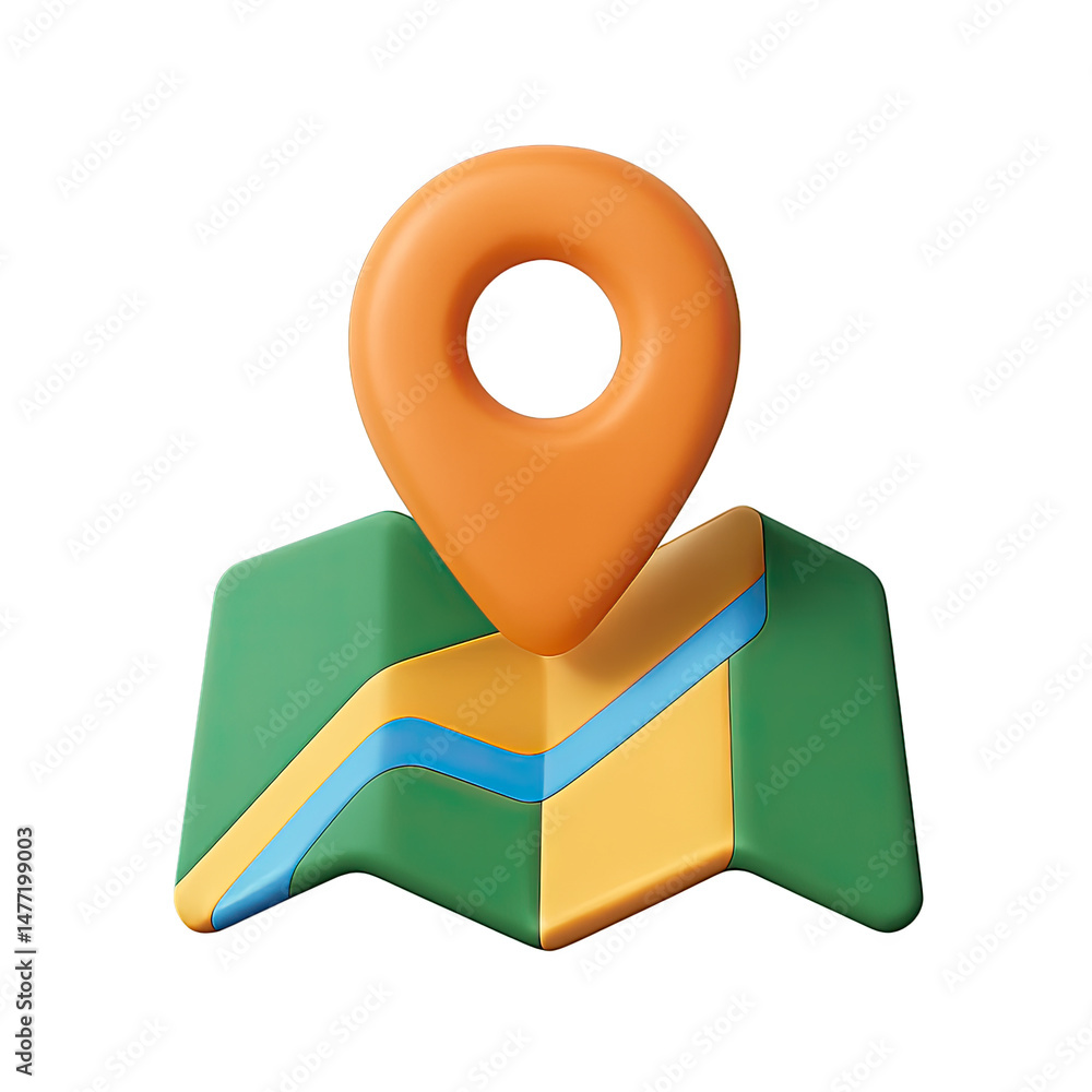 Poster orange 3d map pointer with green and yellow terrain glowing on black background