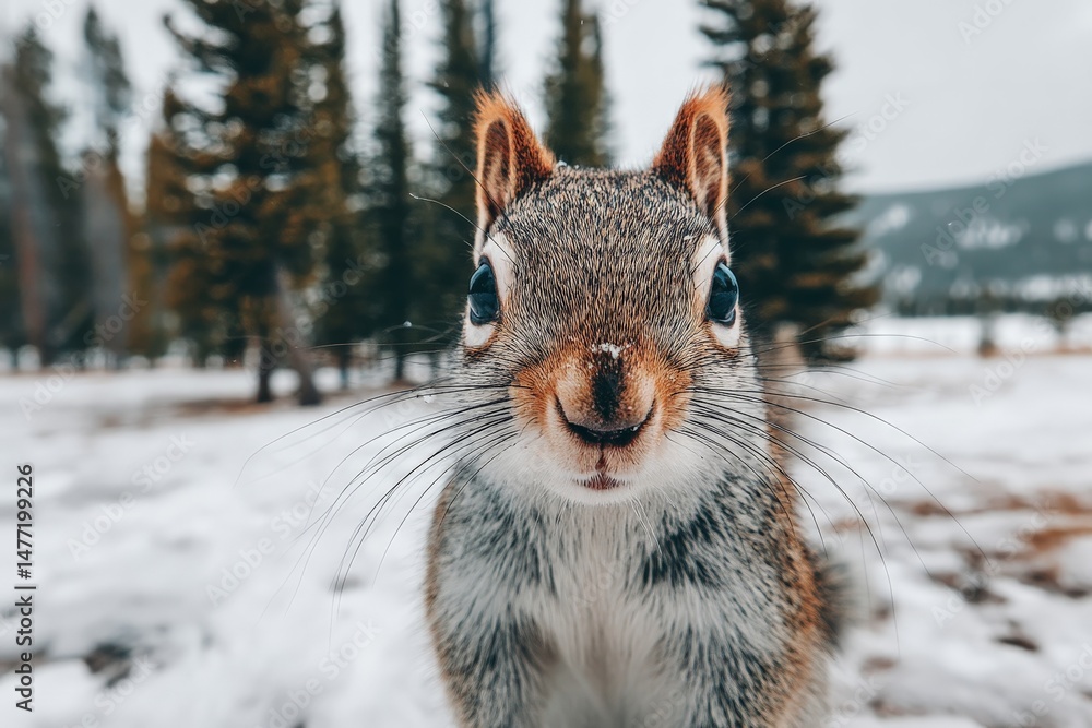Poster squirrel stands calmly in snowy landscape with evergreen trees in the background during winter seaso