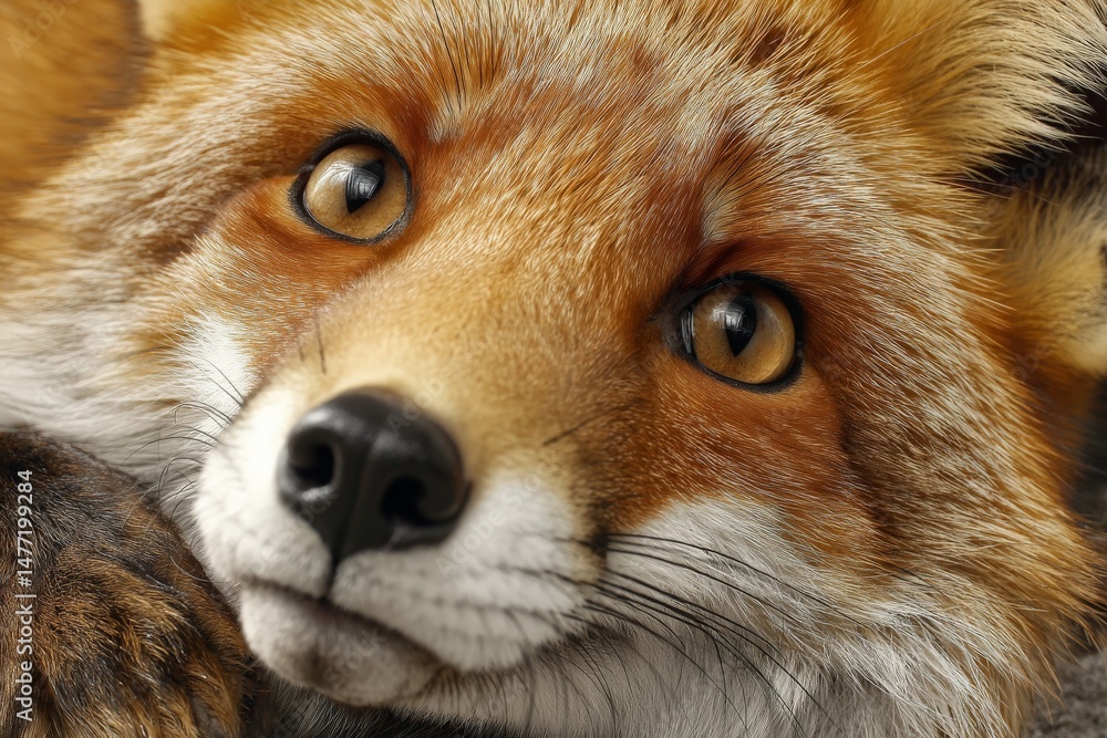 Poster close-up of a curious red fox in soft light showcasing its expressive eyes and fine fur details