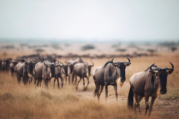 Fototapeta premium Wild herds roam the African savanna, their movement capturing the delicate balance of nature, framed by a vast, untamed landscape.