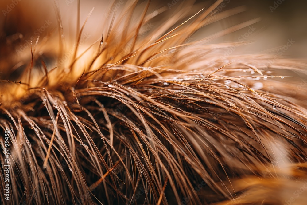 Poster textured close-up of wet fur with droplets reflecting light in a natural background during early mor