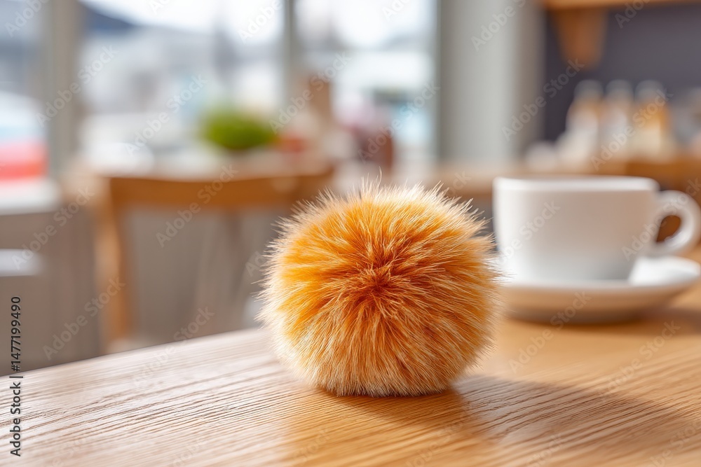 Aufkleber fuzzy orange pompom resting on a wooden table in a cozy cafe setting during daytime with a cup nearb
