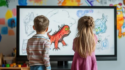 Two children, a girl with shoulder-length brown hair wearing a pink shirt and a boy with short brown hair in a black shirt, are engaged with a large digital screen.