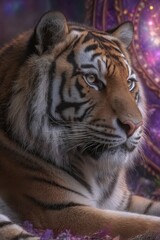 Majestic Tiger Close up Portrait Wild Cat Resting in Purple Floral Setting