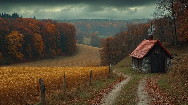 Autumnal Cabin with Winding Road, and Harvest Field.