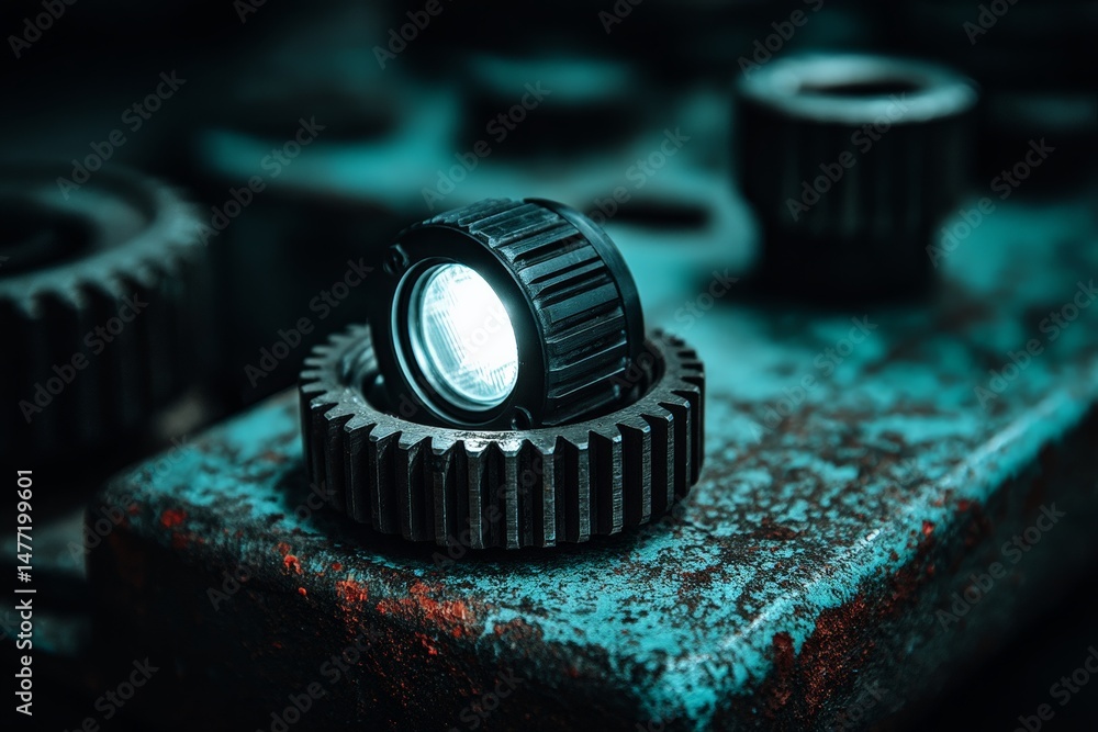 Poster Industrial gears with illuminated flashlight creating a striking contrast in an abandoned workshop setting