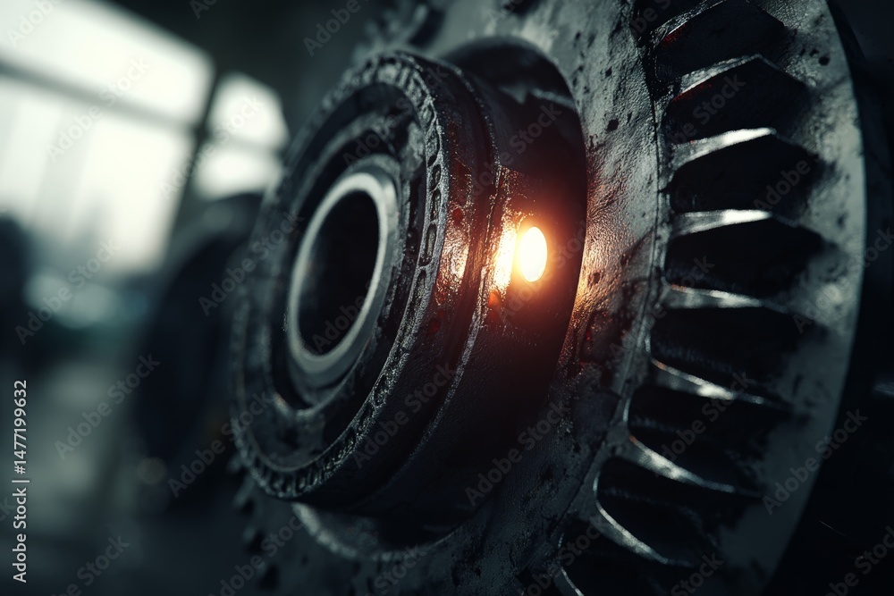 Poster close-up of industrial gear mechanism highlighting intricate details and soft light in a mechanical 