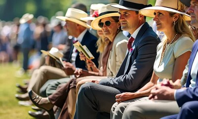 Well dressed English people watching Horse racing event at summer sunny day