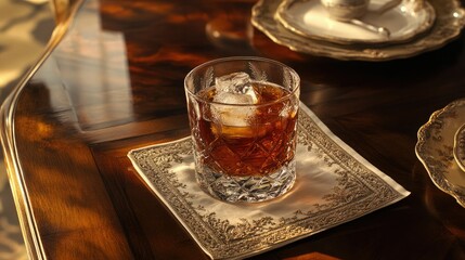 A crystal-cut glass contains a dark amber drink, filled with several ice cubes, sitting atop a white napkin.
