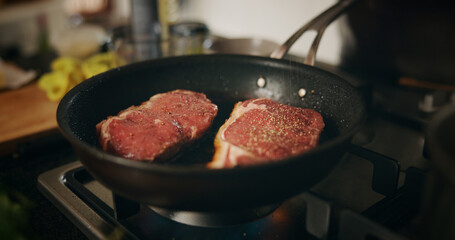 Cooking, stove and steak in pan in kitchen for culinary skill, recipe and meal prep for dinner. Food, fine dining and closeup with beef, meat and sauce for gourmet dish, ingredients and cuisine